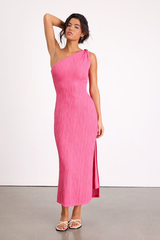 Aristea Fuchsia Textured One-Shoulder Midi Dress