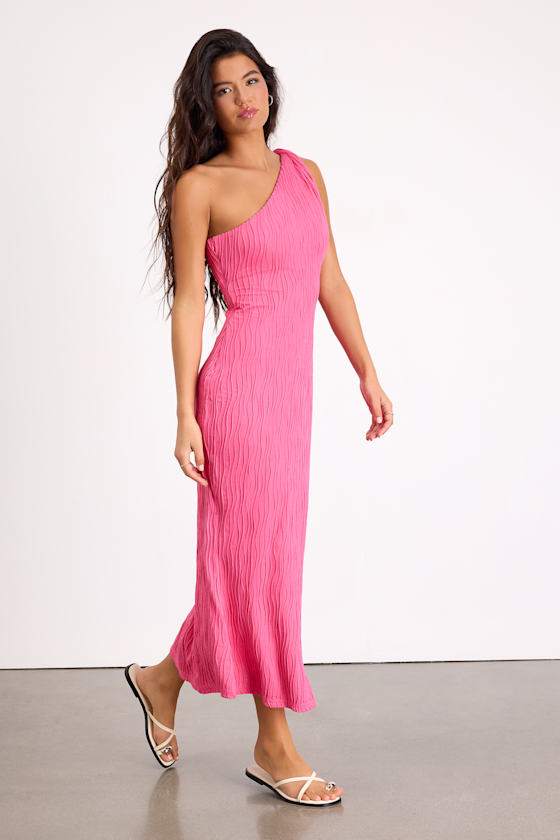 Aristea Fuchsia Textured One-Shoulder Midi Dress