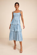 Tennon Dusty Blue Plisse Tiered Midi Dress