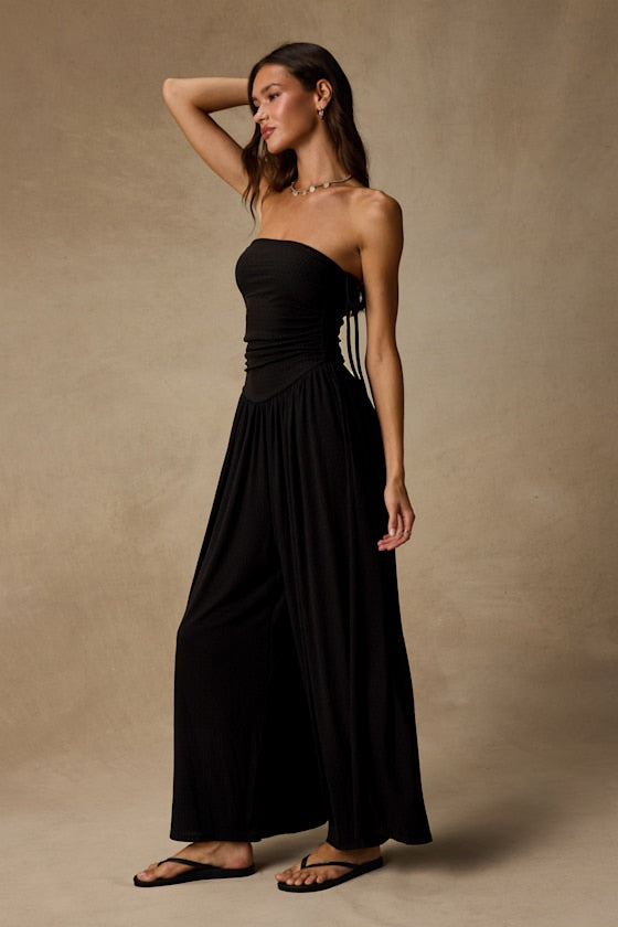 Halloran Black Pointelle Strapless Wide-Leg Jumpsuit