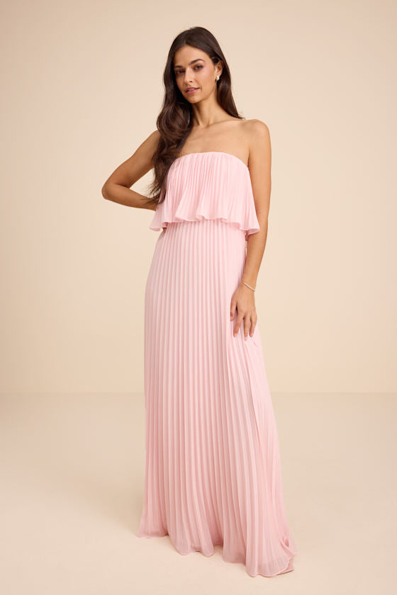 Arietta Light Pink Pleated Strapless Maxi Dress