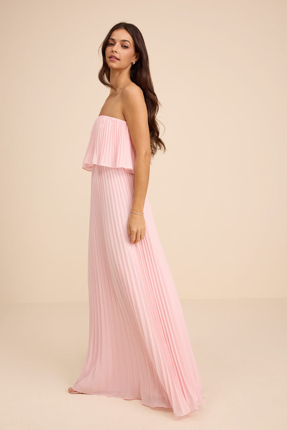 Arietta Light Pink Pleated Strapless Maxi Dress