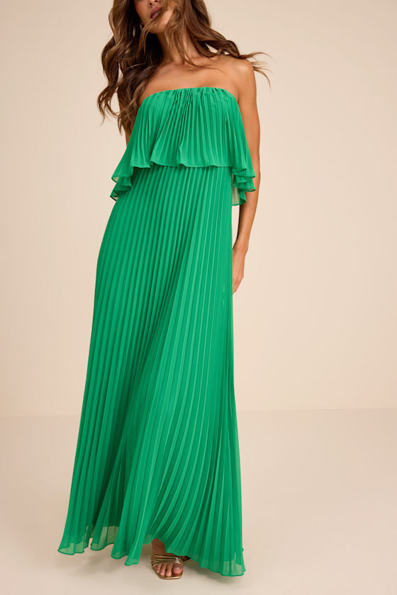 Arietta Green Pleated Strapless Maxi Dress
