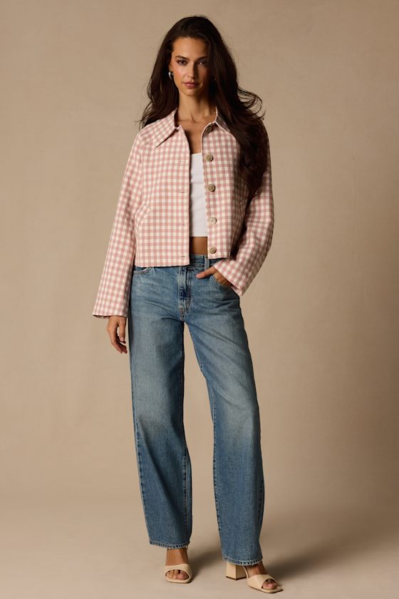 Clemmie Pink and White Gingham Cropped Shacket