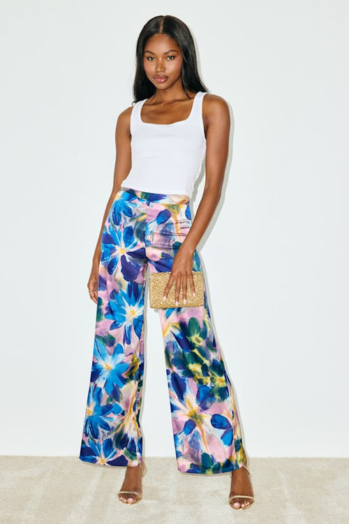 Thriving Vibes Blue Floral Print Satin Wide-Leg Pants