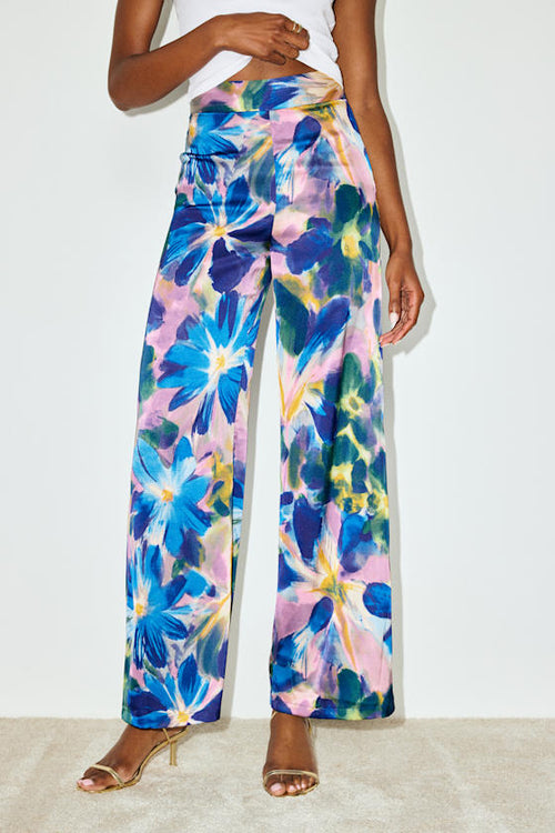 Thriving Vibes Blue Floral Print Satin Wide-Leg Pants