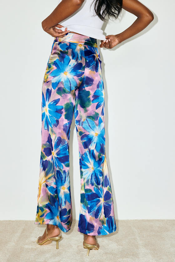 Thriving Vibes Blue Floral Print Satin Wide-Leg Pants