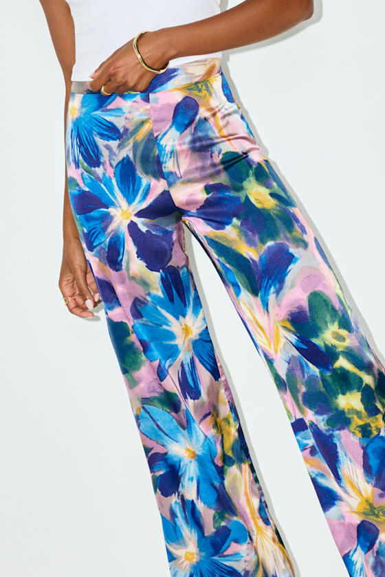 Thriving Vibes Blue Floral Print Satin Wide-Leg Pants