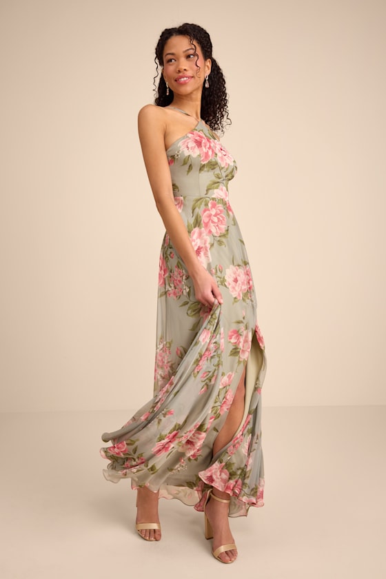 Romantic Marvel Sage Floral Print Halter Neck Maxi Dress