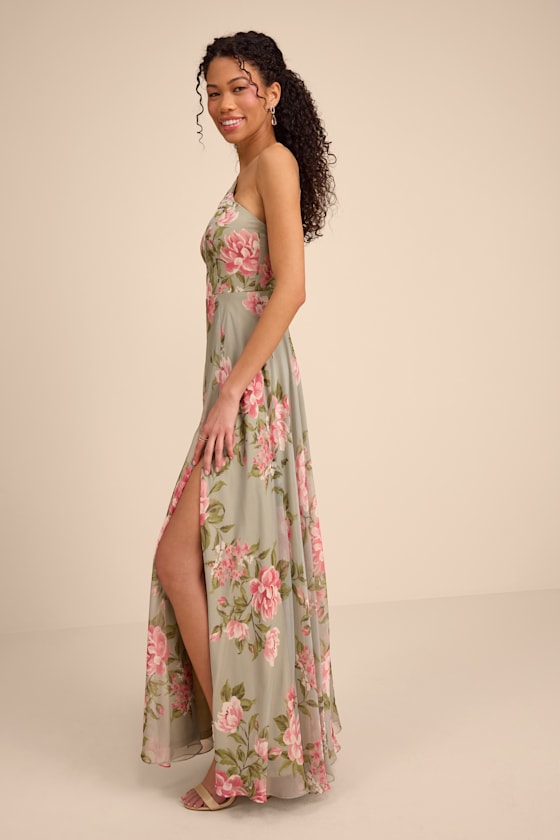 Romantic Marvel Sage Floral Print Halter Neck Maxi Dress
