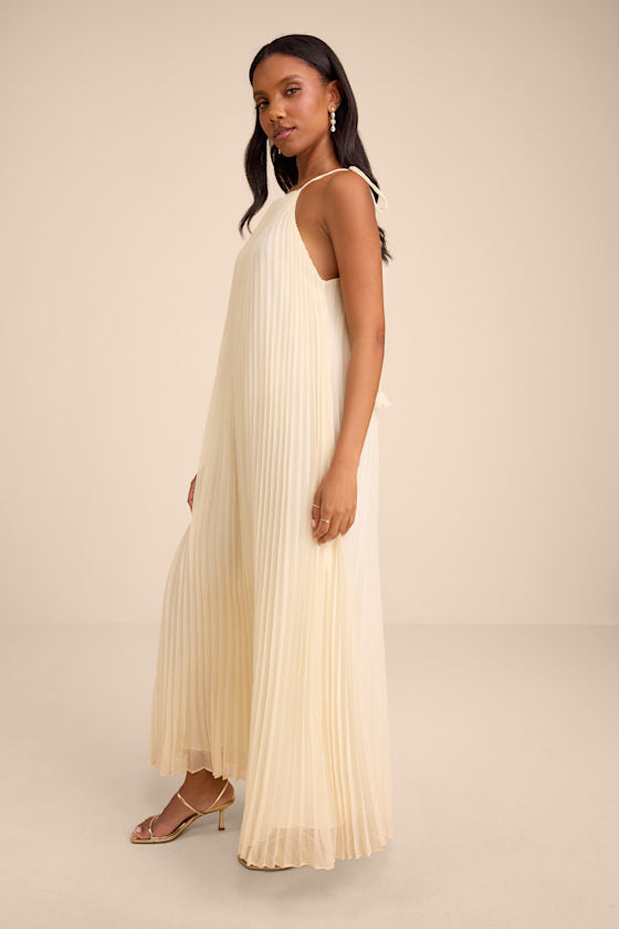 Naylani Cream Pleated Tie-Strap Maxi Dress