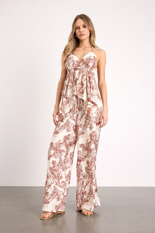 Rona Ivory and Brown Floral Two-Piece Jumpsuit