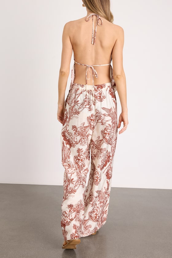 Rona Ivory and Brown Floral Two-Piece Jumpsuit