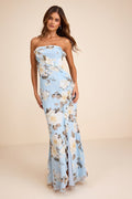Excellent Sensation Blue Floral Strapless Ruffled Maxi Dress