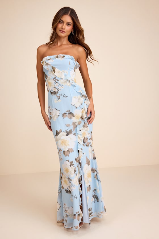 Excellent Sensation Blue Floral Strapless Ruffled Maxi Dress