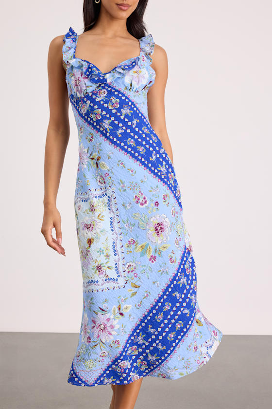 Mellie Blue Floral Scarf Print Ruffled Midi Dress