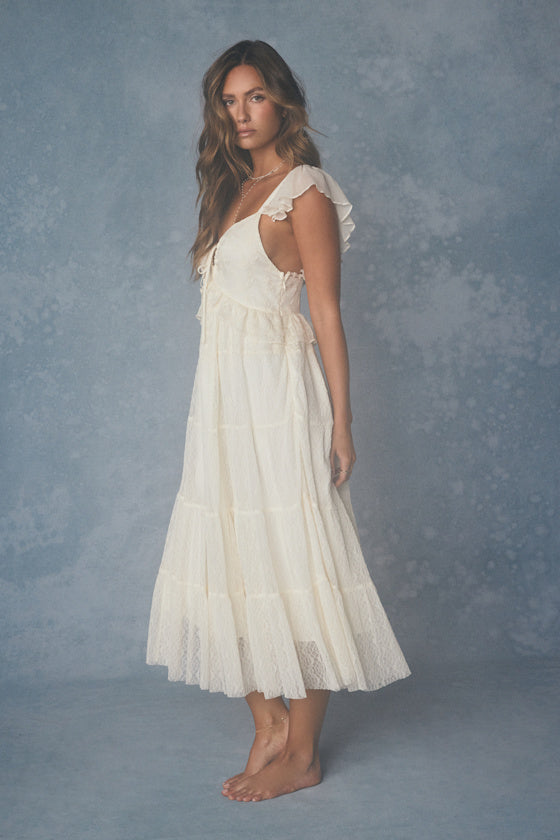 Meli Cream Mixed Media Tiered Midi Dress