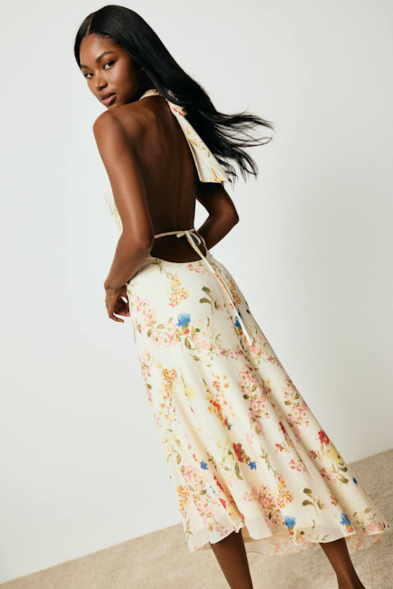 Asa Cream Floral Halter Asymmetrical Midi Dress
