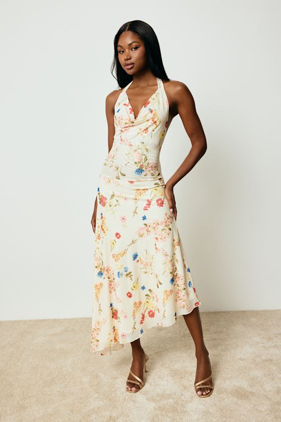Asa Cream Floral Halter Asymmetrical Midi Dress