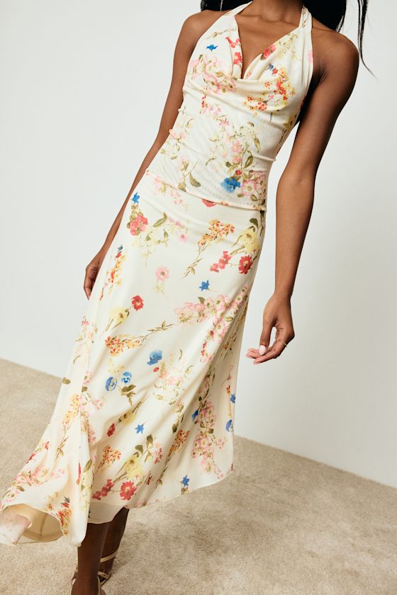 Asa Cream Floral Halter Asymmetrical Midi Dress