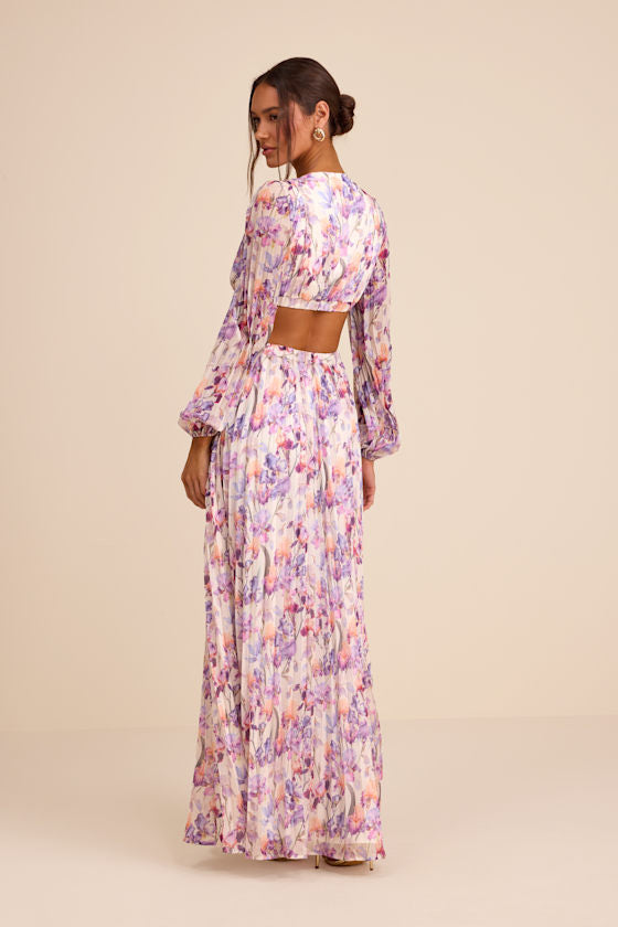 Melea Ivory and Purple Floral Pleated Cutout Maxi Dress