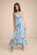 Aminah Blue Multi Floral Pleated Halter Midi Dress