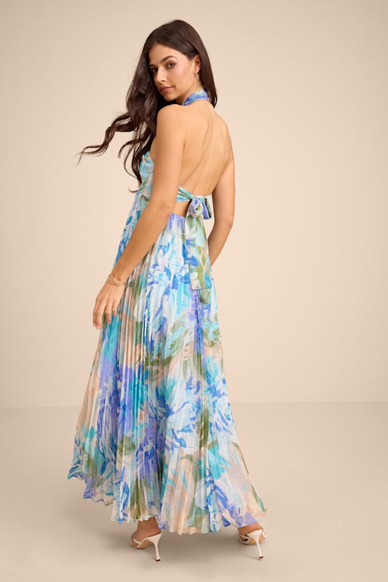 Aminah Blue Multi Floral Pleated Halter Midi Dress
