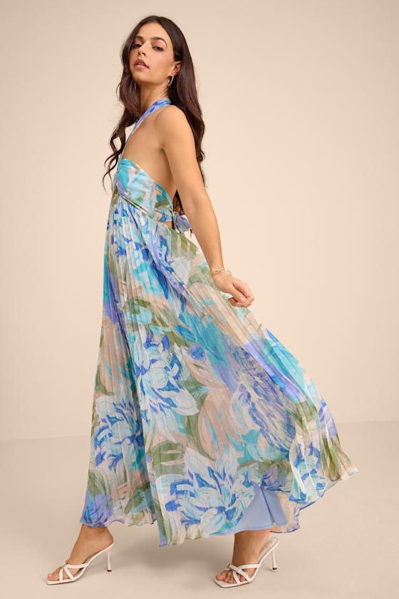 Aminah Blue Multi Floral Pleated Halter Midi Dress
