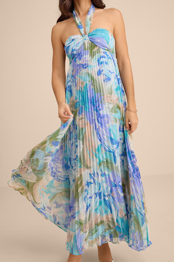 Aminah Blue Multi Floral Pleated Halter Midi Dress
