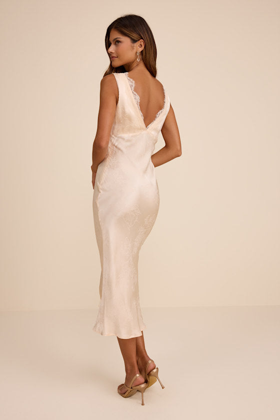 Marin Blush Satin Jacquard Slip Midi Dress