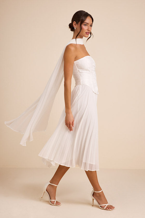 Laubrey White Floral Jacquard Midi Dress and Scarf Set