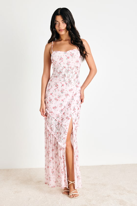 Kasha Light Pink Floral Asymmetrical Maxi Dress