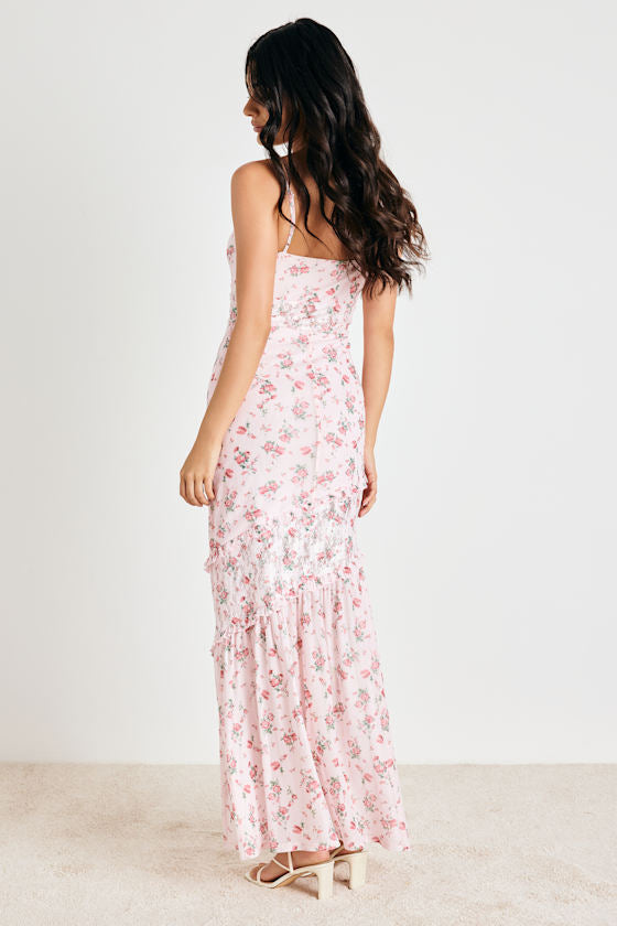 Kasha Light Pink Floral Asymmetrical Maxi Dress