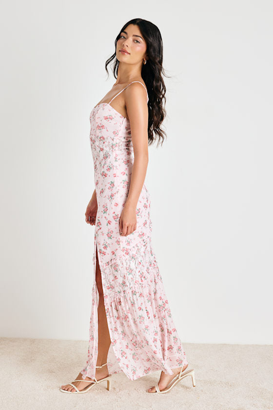 Kasha Light Pink Floral Asymmetrical Maxi Dress