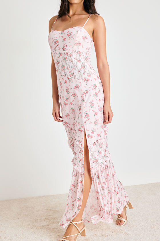 Kasha Light Pink Floral Asymmetrical Maxi Dress