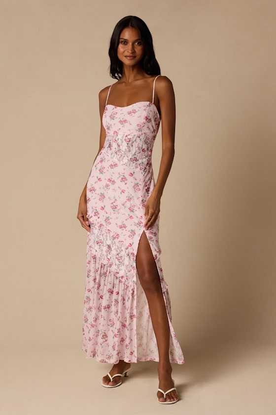 Kasha Light Pink Floral Asymmetrical Maxi Dress