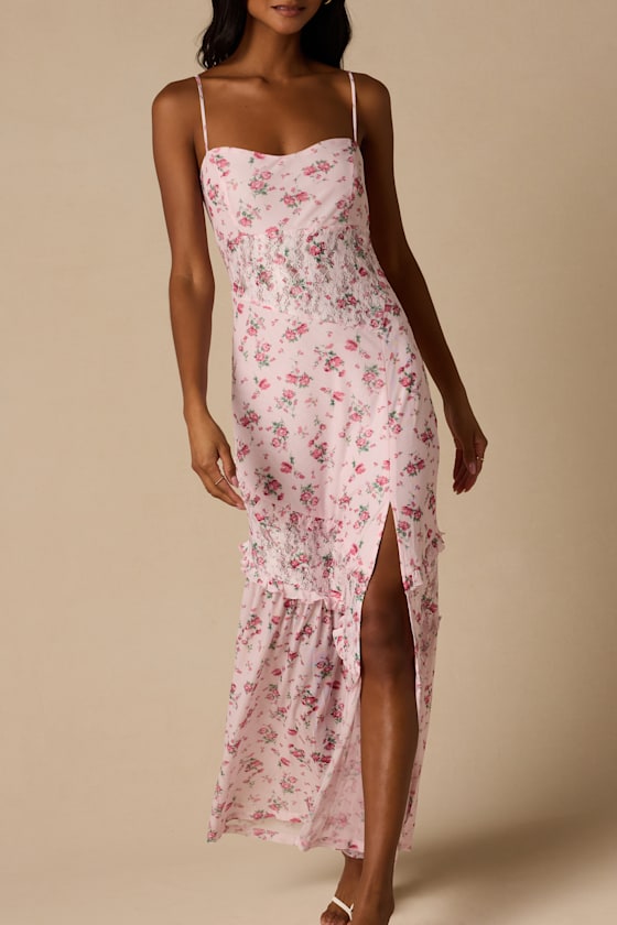 Kasha Light Pink Floral Asymmetrical Maxi Dress