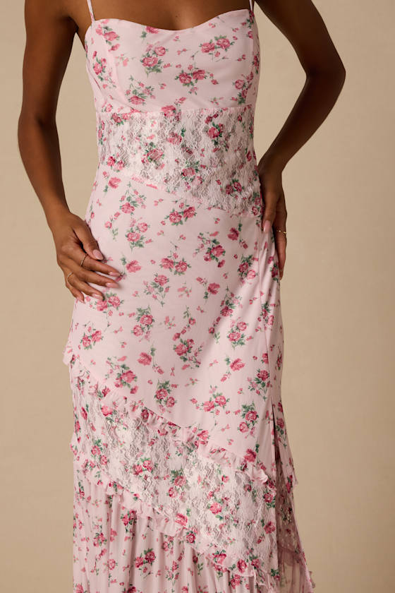 Kasha Light Pink Floral Asymmetrical Maxi Dress