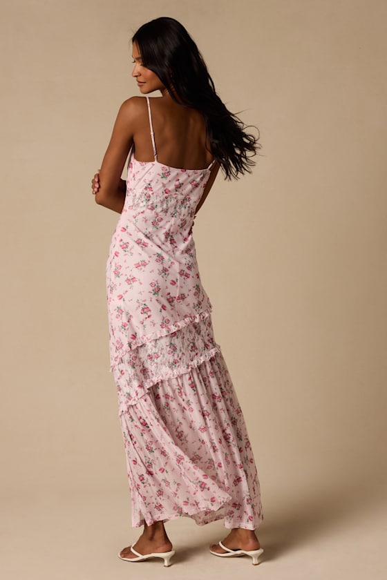 Kasha Light Pink Floral Asymmetrical Maxi Dress