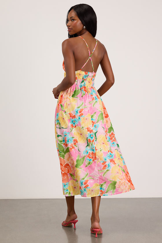 Layne Pink Multi Floral Backless Midi Dress