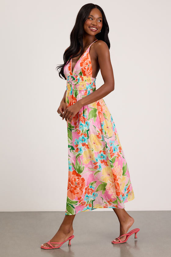 Layne Pink Multi Floral Backless Midi Dress
