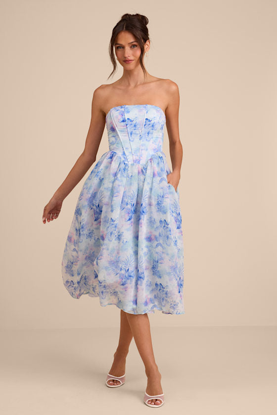 Eulalia Light Blue Floral Lace-Up Strapless Bustier Midi Dress