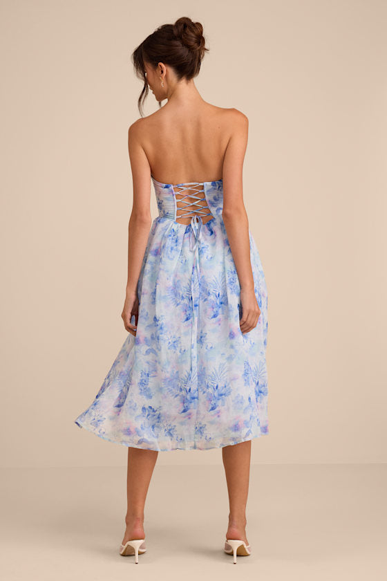 Eulalia Light Blue Floral Lace-Up Strapless Bustier Midi Dress