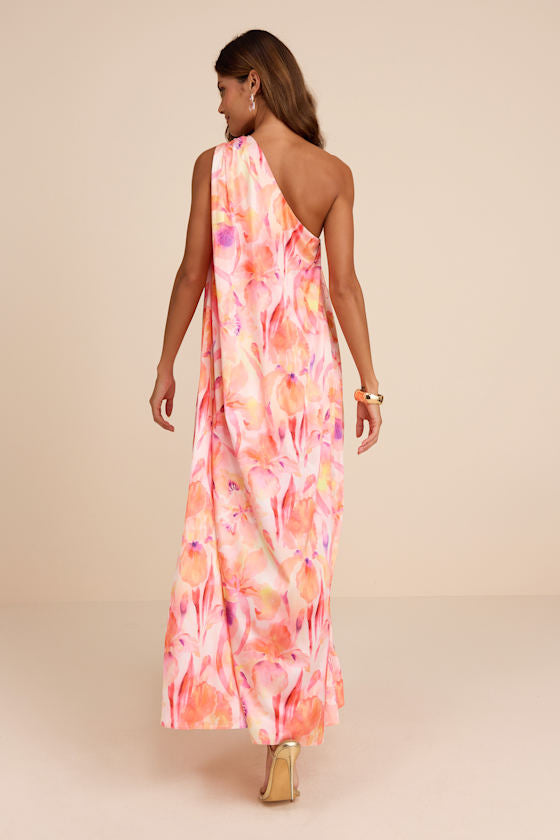 Goddess Aura Orange Multi Floral Satin One-Shoulder Maxi Dress