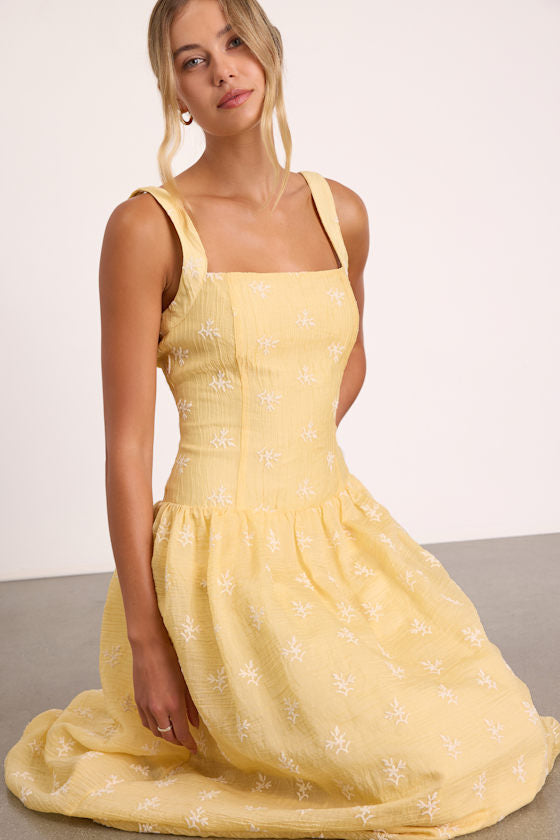 Starletta Yellow Embroidered Drop Waist Maxi Dress