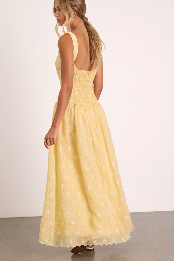 Starletta Yellow Embroidered Drop Waist Maxi Dress
