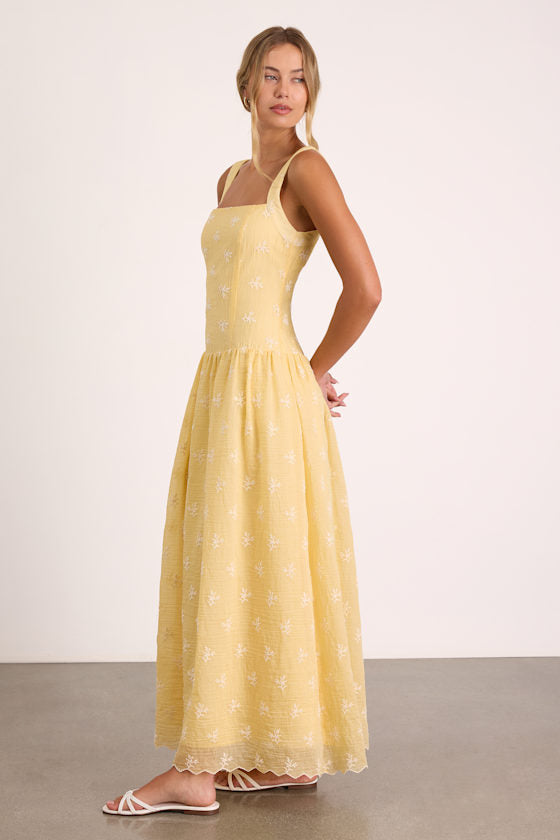 Starletta Yellow Embroidered Drop Waist Maxi Dress
