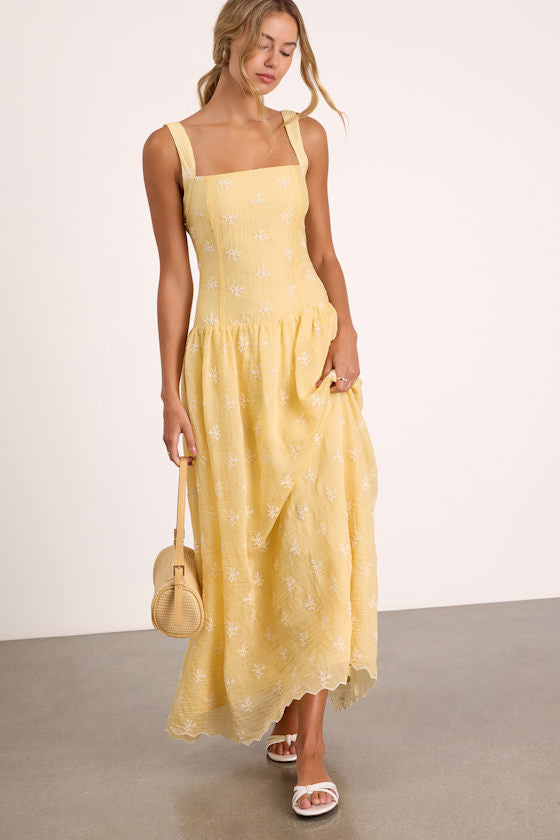 Starletta Yellow Embroidered Drop Waist Maxi Dress