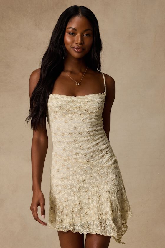 Kenia Cream Lace Asymmetrical Mini Dress