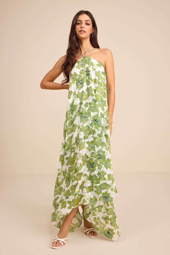 Dezzi Green Multi Floral Halter Shift Maxi Dress